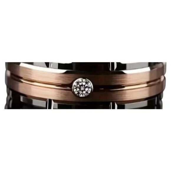 Tungsten Steel Beveled Double Channel Brushed Rose Gold Statement Wedding Ring - Picture 4 of 6